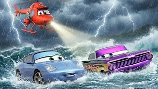 Caught in the Mega Storm! Cars Trapped in a Violent Ocean Rescue 🚁🚗 | Cars Toons 3D Animation