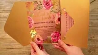 Gold glitter floral pocket wedding invitations