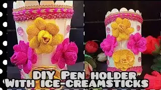 Pen holder with ice cream sticks|Diy Desk organizer|Popsicles stick crafts|Popsicles pen holder|