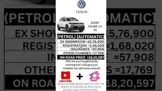 VOLKSWAGEN TAIGUN SPORTS GT LINE 1.0 TSI PETROL AUTOMATIC ON ROAD PRICE