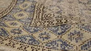 Vintage Distressed Rug, Beige and Blue Geometric Floral Pattern - Rug & Kilim -32868