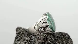 Green Eagle Men Ring, Oxidized Silver Ring, Malachite Men Ring