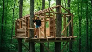 Beautiful Woman Building a Log Treehouse Cabin in the Forest 🌲 | Bushcraft Survival Shelter