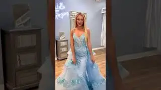 Light Blue Glitter Tulle & Sequin Fit & Flare Prom Dress w/ 3D Flowers & Ruffle Detachable Train