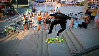 Taylor Jett lands a 360 double flip down the Santa Monica triple set | SKATE TRICK BATTLE!