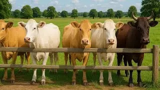 Kerumunan Sapi Lucu Berjalan menuju Ladang rumput, Suara Sapi Moo, Sapi Makan rumput Di Ladang Hijau