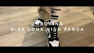 Nike Dunk High Panda (W) / Black & White University Red / On feet