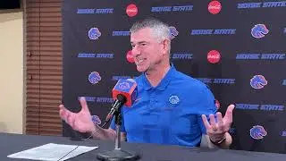 Boise State coach Leon Rice talks after a 89-55 win over Vanguard in the season opener