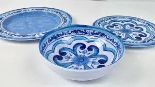 Wholesale A5 Cheap Custom Logo Western Blue Print Unbreakable Round Melamine Camping Tableware Set