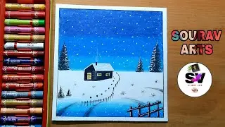 Winter season scenery drawing oil pastel easy step by step