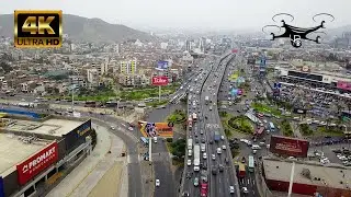Vista áerea. Congestion vehicular Panamericana Norte, Plaza norte, Center Rex. Drone 4K Lima Perú