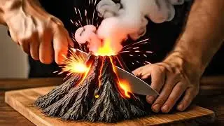 Boy cutting volcano with Lava 
