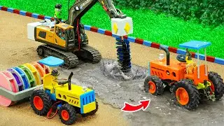 Mini Tractor stucked in concrete | DIY Making Drilling machine rescues and Road Roller repair road