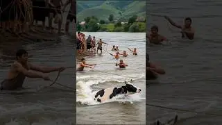 Cow Swept Away by Current &ndash; Villagers Risk Lives in Rope Rescue #shorts #animals #youtubeshorts #fyp