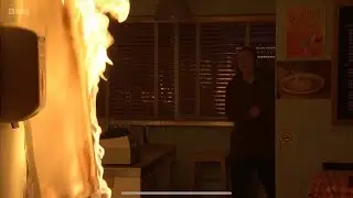 Eastenders Bobby puts out the fire in the cafe that rocky has caused scene