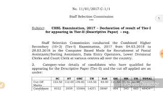 Chsl tier 1 result | cut off ssc chsl result 2017 |