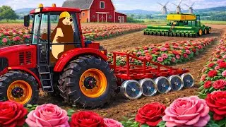 Bear Operates a Farm Tractor 🚜🐻 | Precision Field Work in Blooming Fields | Real Farm Animation