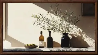 Wood Framed Still Life TV Art Screensaver Olive Branches in the Afternoon Sun