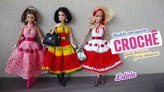 Vestido com square de crochê para Barbie 🟪 Letícia