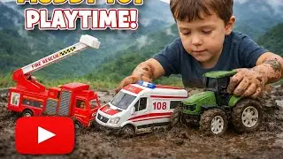 Toy Cars in Mud | Fire Truck Ambulance Tractor Playtime