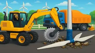 Rust Windmill Broken - Repair Damaged Road with Excavator, Cement Truck |   Construction Vehicles