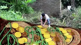 Men are very excited when they find some treasure in the wilderness.