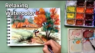 Relaxing Watercolor Landscape Painting | Autumn Nature with Gentle Animation