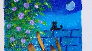 Очень простая картина акрилом | Ночная сцена с кошкой и луной | Простая акриловая живопись для на...