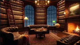 Cozy Library Ambience | Crackling Fireplace, Snow Outside, Quiet Reading Room