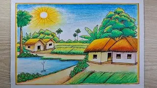 প্রাকৃতিক দৃশ্য আকাঁ | How to Draw Village Scenery | Natural  Drawing Oilpastel Easy | Easy Drawing