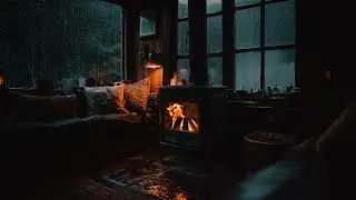 Cozy Rainy Cabin Night 🔥 Soft Window Rain Sounds with Gentle Fireplace Ambience for Deep Sleep