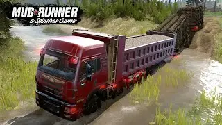 Spintires  MudRunner Long Truck With Two Trailers Of Logs Driving Uphill
