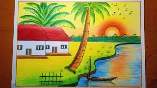 Simple village scenery drawing/How to draw village scenery/Kousole drisso aka shikhun/Easy technique