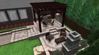 Landscape Design 3D Digital Walkthrough - Open Air Pergola, Raised Patio with Outdoor Fireplace