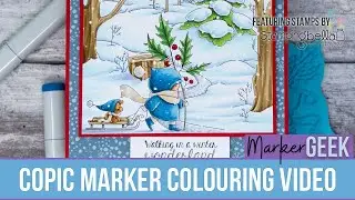 Copic Marker Colouring Stamping Bella Bundle Girl & Puppy on a Winter Walk Rubber Stamp Scene