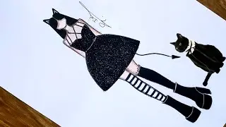 تحدي أحول قطة الى أزياء ( Bad girl) 🖤 بالخطوات | تعليم رسم الأزياء للمبتدئين