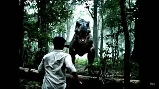 In a man escape from dinosaur in jungle