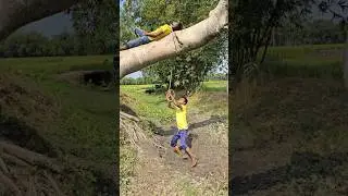 The boy is lying on a tree branch.