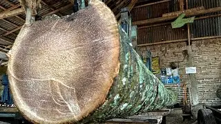 Hard hitting steel blades- Sawing super old coconut lumber into blocks with a sawmill
