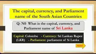 South Asia Countries their Capitals, currencies and name of Parliament/ Important geographical Gk