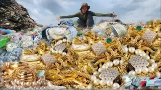 Omg a lot of gold jewelry, Money $$ found in gold bag in trash field || Dumper