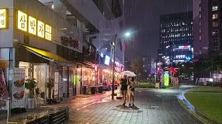 Дождливая ночная прогулка в Сеуле, Корея — Атмосфера дождя и зонтика, научный парк LG 4K