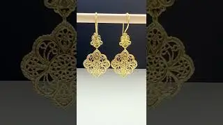Gold Plated Sterling Silver Filigree Art Woman Dangle Drop Earrings