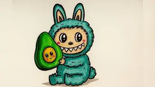 How To Draw Cute Labubu Eating Avocado 🥑 | Easy Cartoon Drawing for Kids & Toddlers