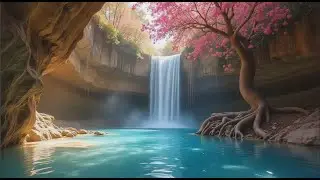 Waterfall Sound - Hidden Pool: Pink Blossoms, Majestic Waterfall, Turquoise Pool, Ancient Tree