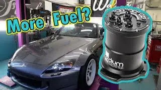 More fuel, no fire. Radium surge tank install on the Honda S2000, then off test at Donnington