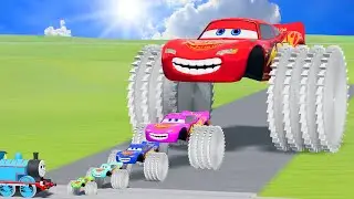 Big & Small Color McQueen 2 Saw Wheels Vs Train | BeamNG.drive