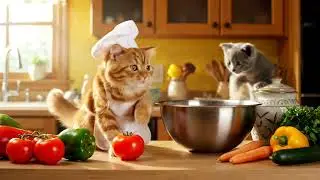 Meow! Cat mother and little cat in kitchen
