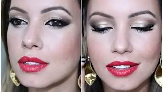 Tutorial de Festa | Maquiagem Dourada, Delineador, Batom Vermelho