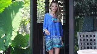 Back From Bali Womens Boho Vintage Print Loose Tunic Dress Swimsuit Cover Up with Tassels Turquoise